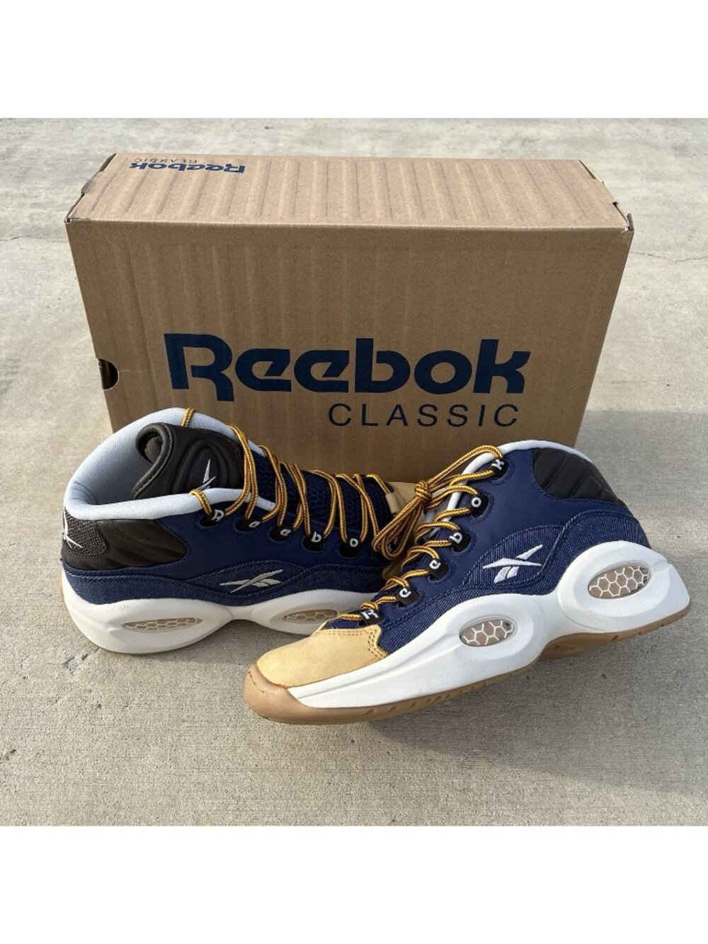 Reebok Question Mid Dress Code SZ 6 / 7.5W AR1957 Blue/Stucco/Brwn/Gold New